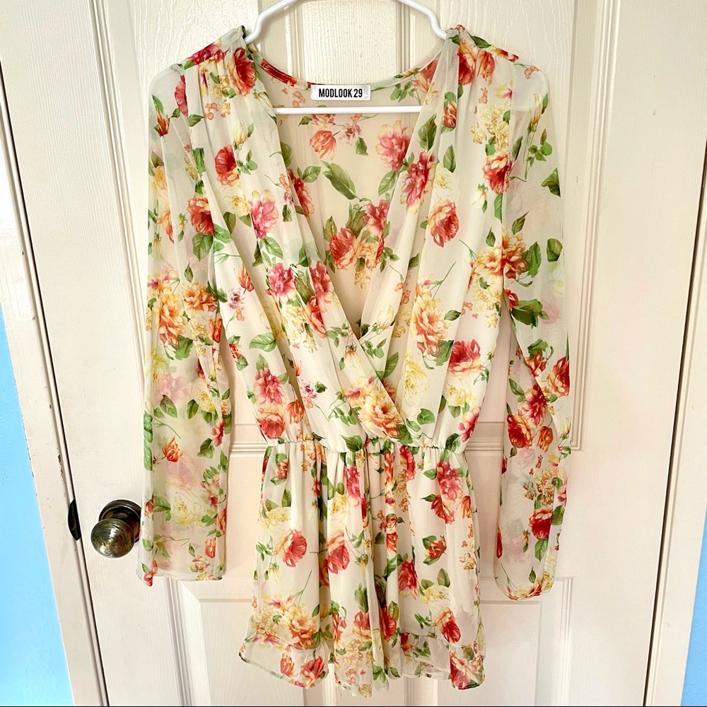 Butter Yellow Romper Long Sleeve with Wrap Front Size Small Flowy Floral